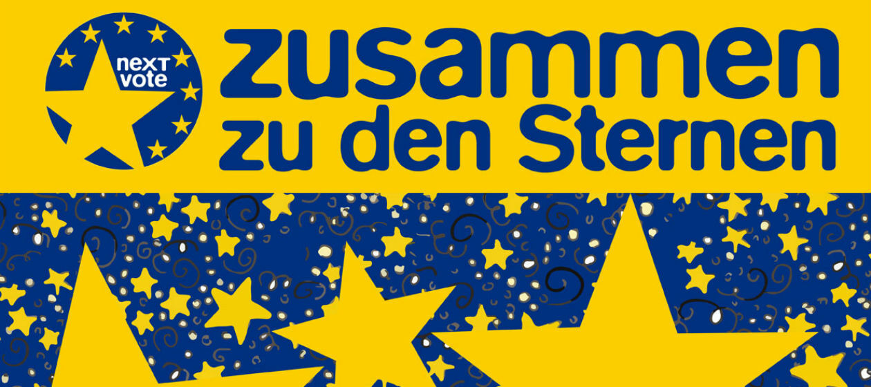 Kampagnen-Grafik mit Slogan und gelben Sternen auf blauem Hintergrund