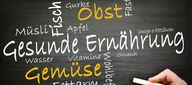 Eine Tafel mit unterschiedlichen Wörtern, die Ernährung betreffen